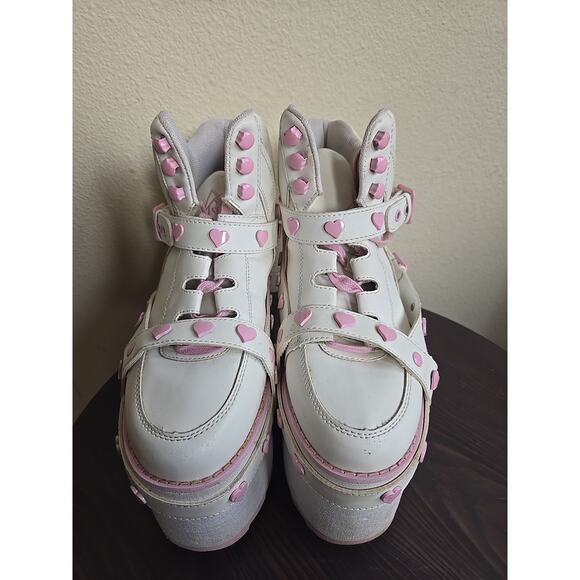 YRU Shoes Size 8 QOZMO White/Pink Hearts Slayr Hi Platform Sneakers Rave Club - Picture 2 of 8
